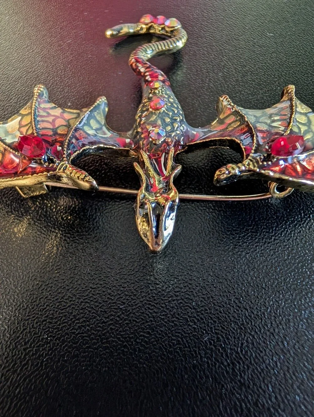 Red Dragon Enamel Brooch with Red Crystal Accents - Picture 2 of 8